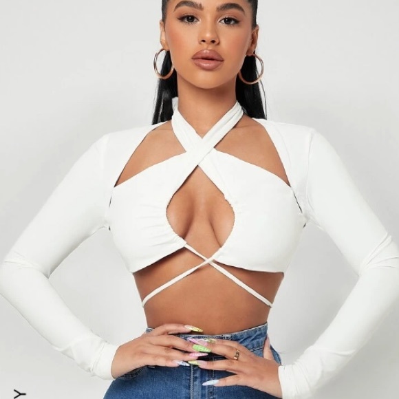 White Halter Crop Top with Sleeves - Picture 1 of 2